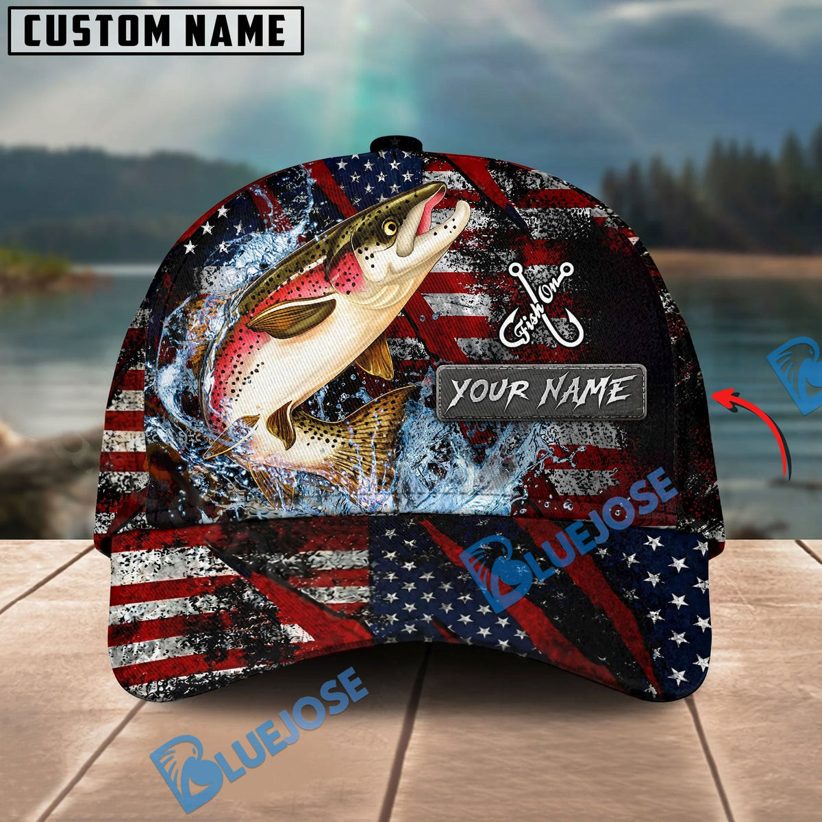BlueJose Fishing American Flag Red Scratch Personalized Name Classic 3D Cap (13 Breeds)