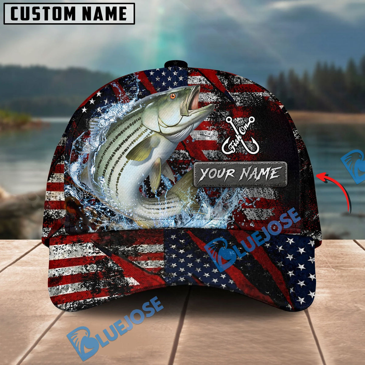 BlueJose Fishing American Flag Red Scratch Personalized Name Classic 3D Cap (13 Breeds)