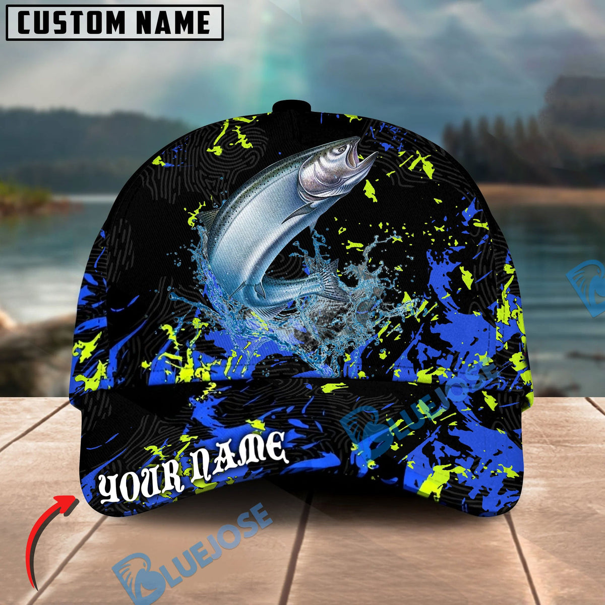 BlueJose Fishing Water Splash Graphic Personalized Cap (13 Breeds)