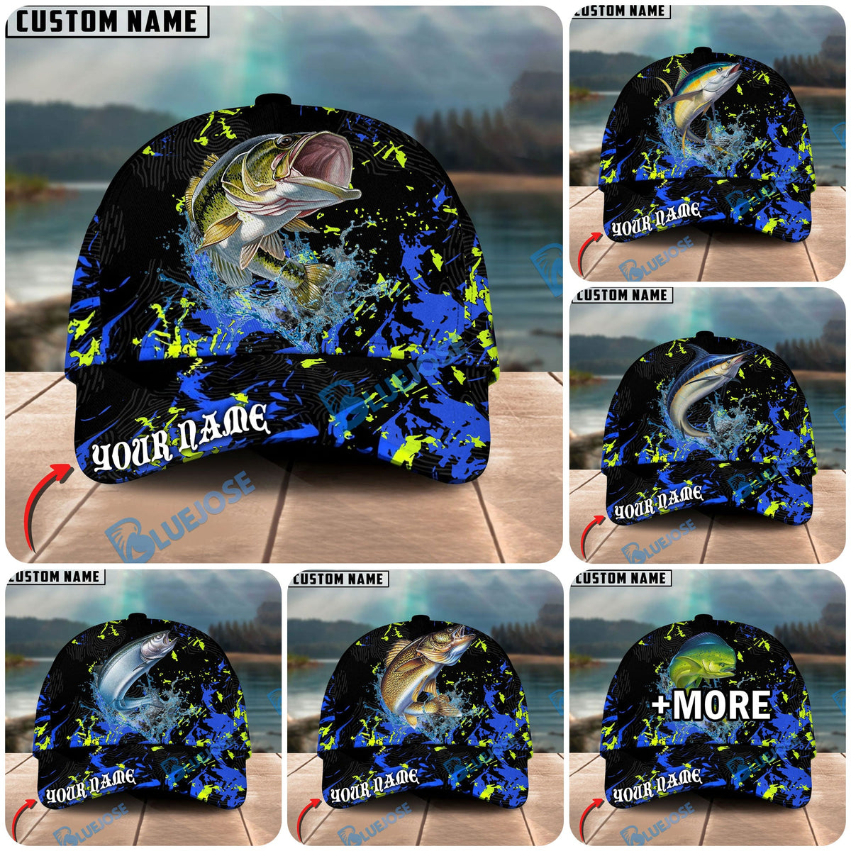 BlueJose Fishing Water Splash Graphic Personalized Cap (13 Breeds)