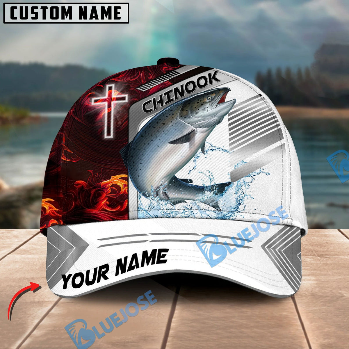 BlueJose Fishing Red Flame With Cross Pattern Personalized Cap (13 Breeds)