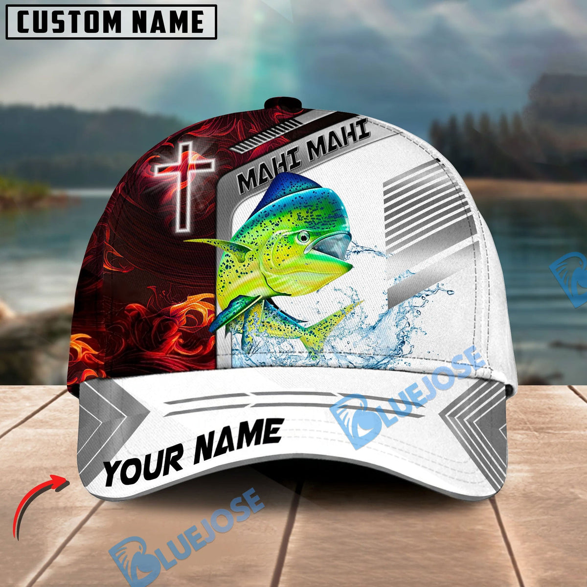 BlueJose Fishing Red Flame With Cross Pattern Personalized Cap (13 Breeds)