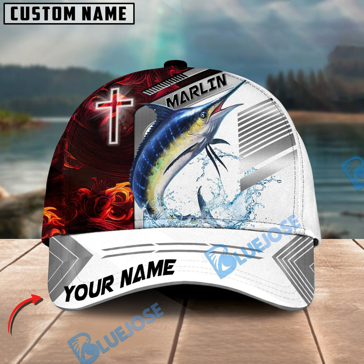 BlueJose Fishing Red Flame With Cross Pattern Personalized Cap (13 Breeds)