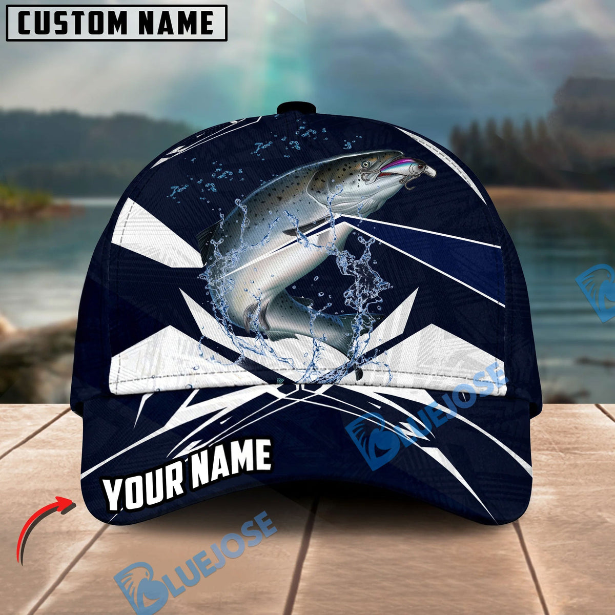 BlueJose Fishing Jersey Navy Pike Water Personalized Cap (13 Breeds)