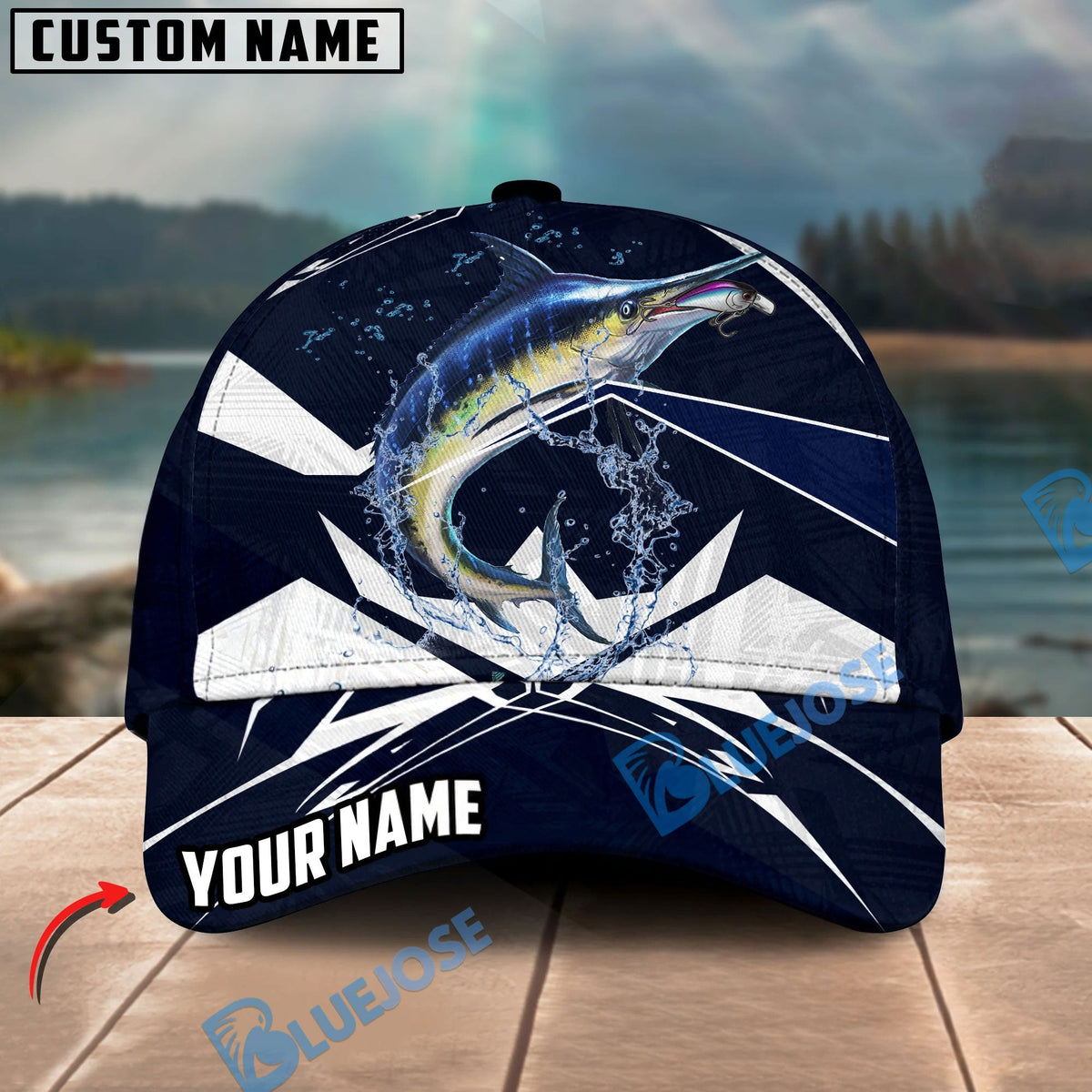 BlueJose Fishing Jersey Navy Pike Water Personalized Cap (13 Breeds)