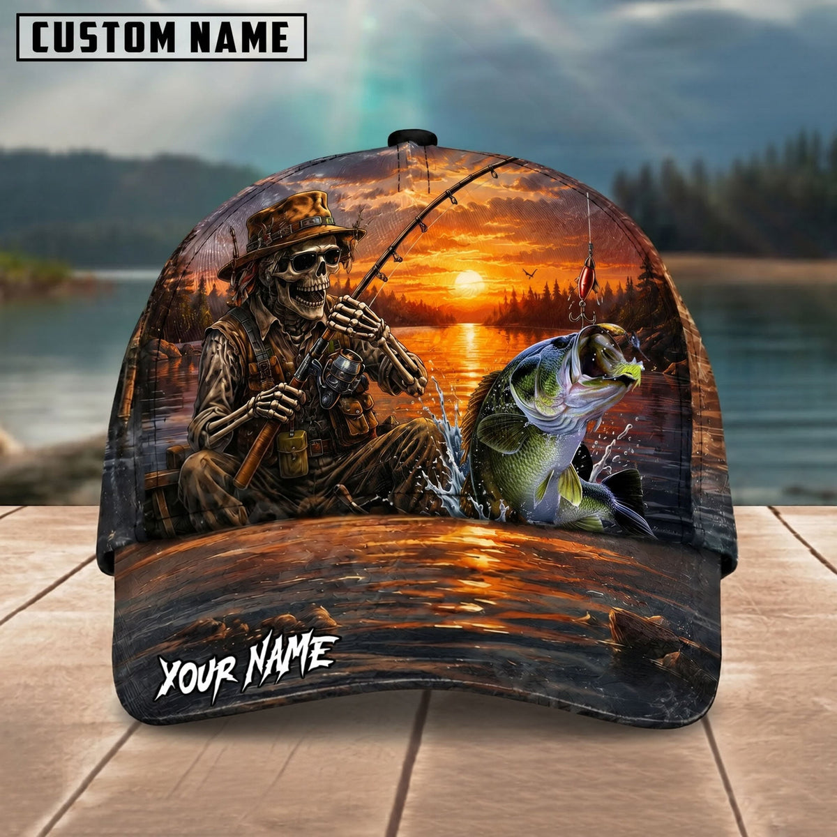 BlueJose Fishing Skull Angler Sunset Lake Personalized Name Classic 3D Cap (13 Breeds)