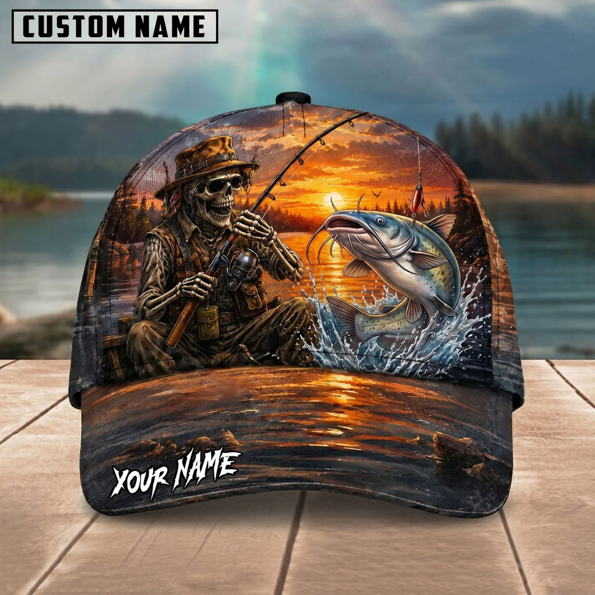 BlueJose Fishing Skull Angler Sunset Lake Personalized Name Classic 3D Cap (13 Breeds)