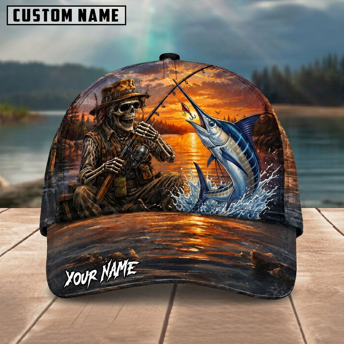 BlueJose Fishing Skull Angler Sunset Lake Personalized Name Classic 3D Cap (13 Breeds)