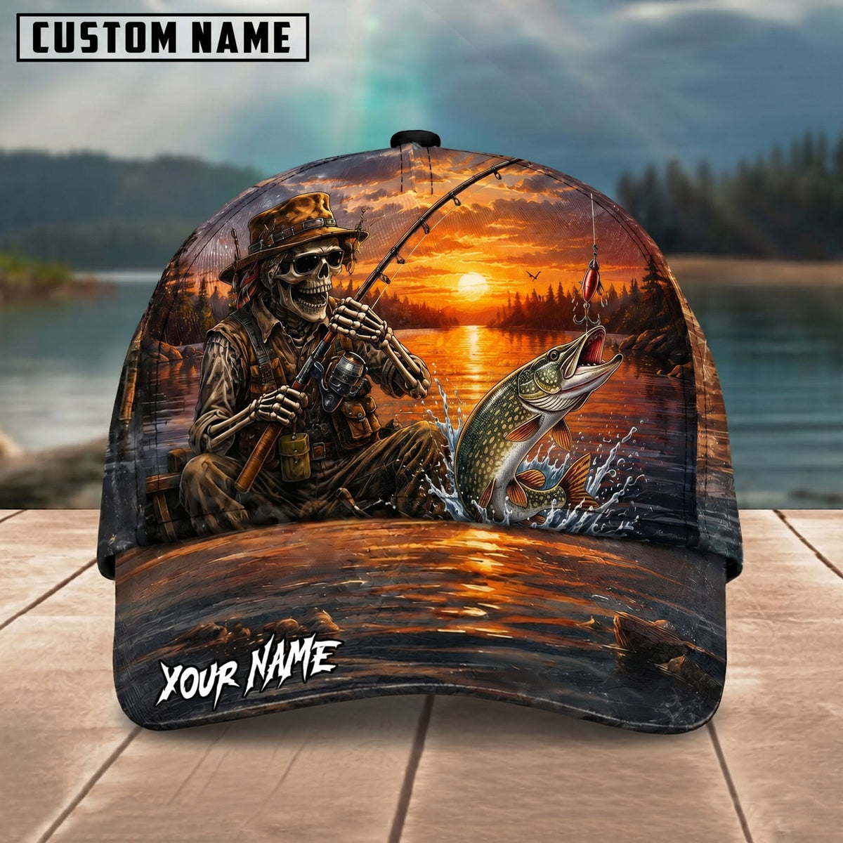 BlueJose Fishing Skull Angler Sunset Lake Personalized Name Classic 3D Cap (13 Breeds)