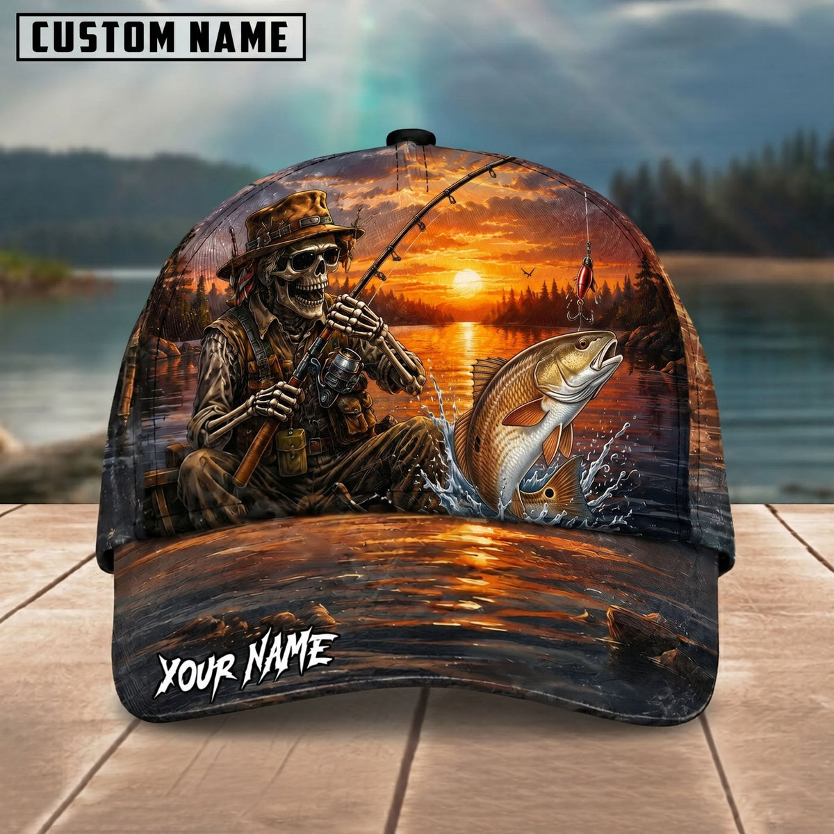 BlueJose Fishing Skull Angler Sunset Lake Personalized Name Classic 3D Cap (13 Breeds)
