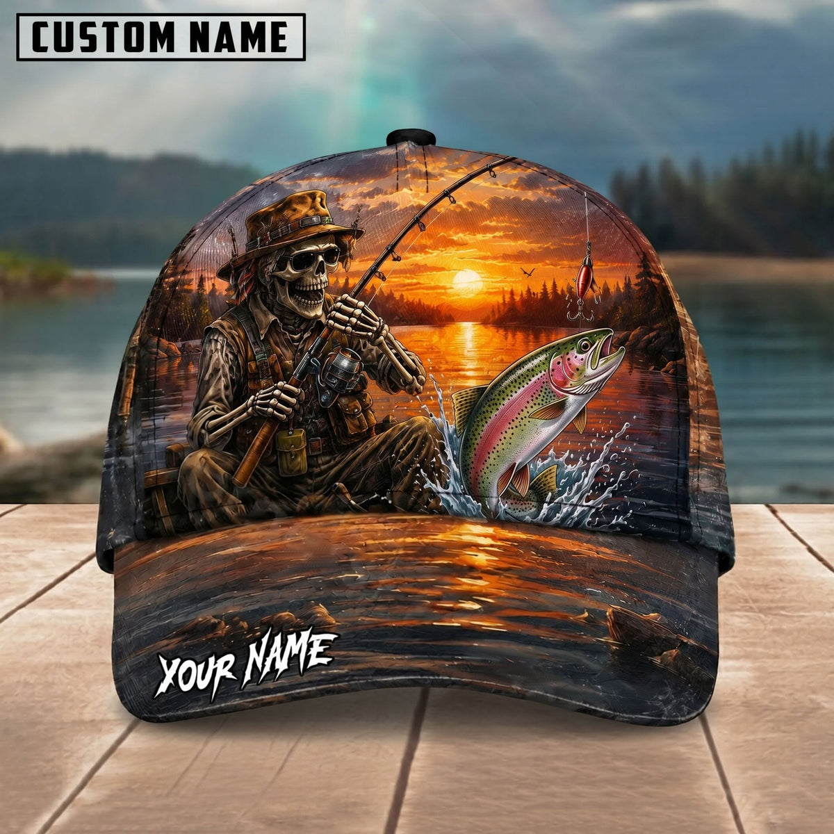 BlueJose Fishing Skull Angler Sunset Lake Personalized Name Classic 3D Cap (13 Breeds)