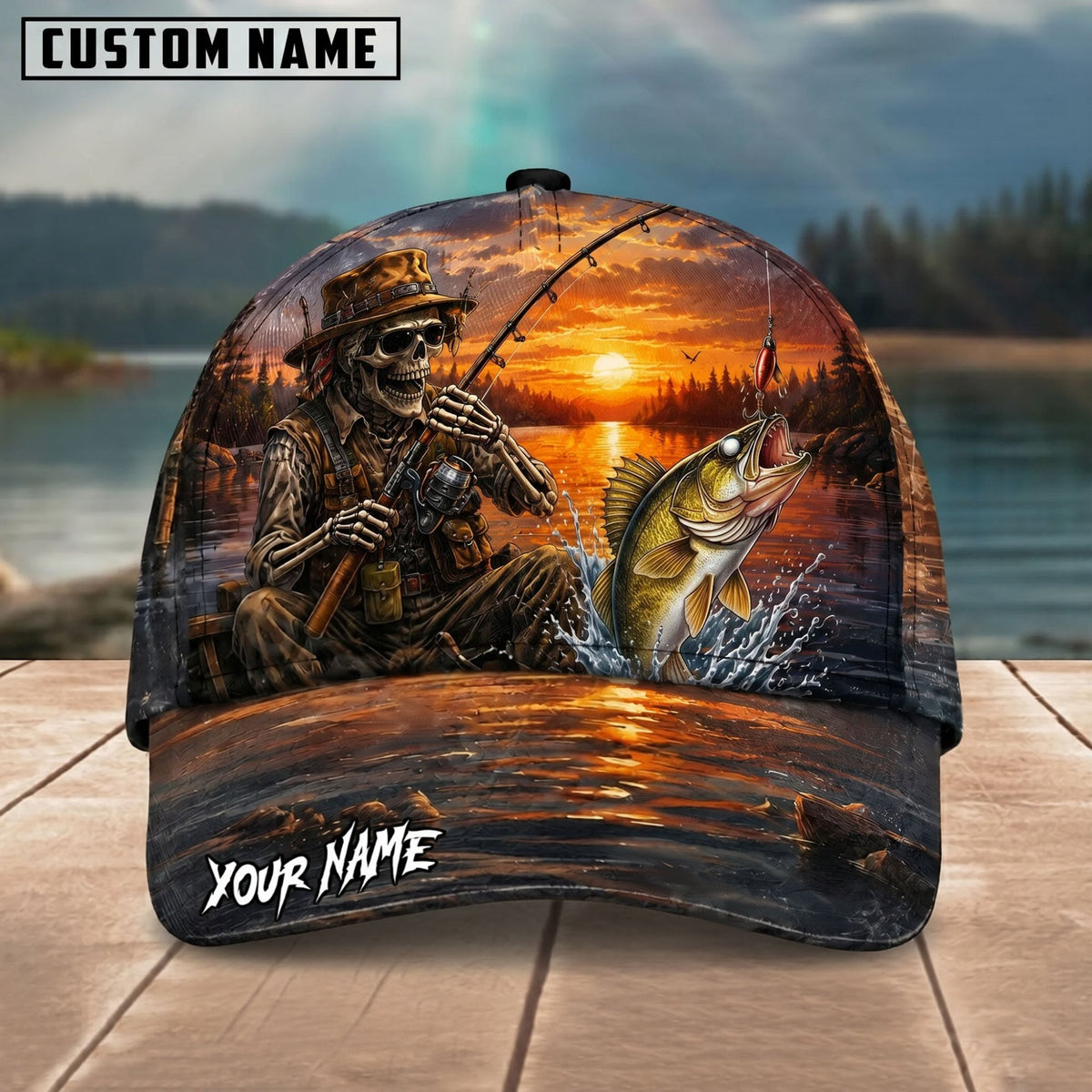 BlueJose Fishing Skull Angler Sunset Lake Personalized Name Classic 3D Cap (13 Breeds)