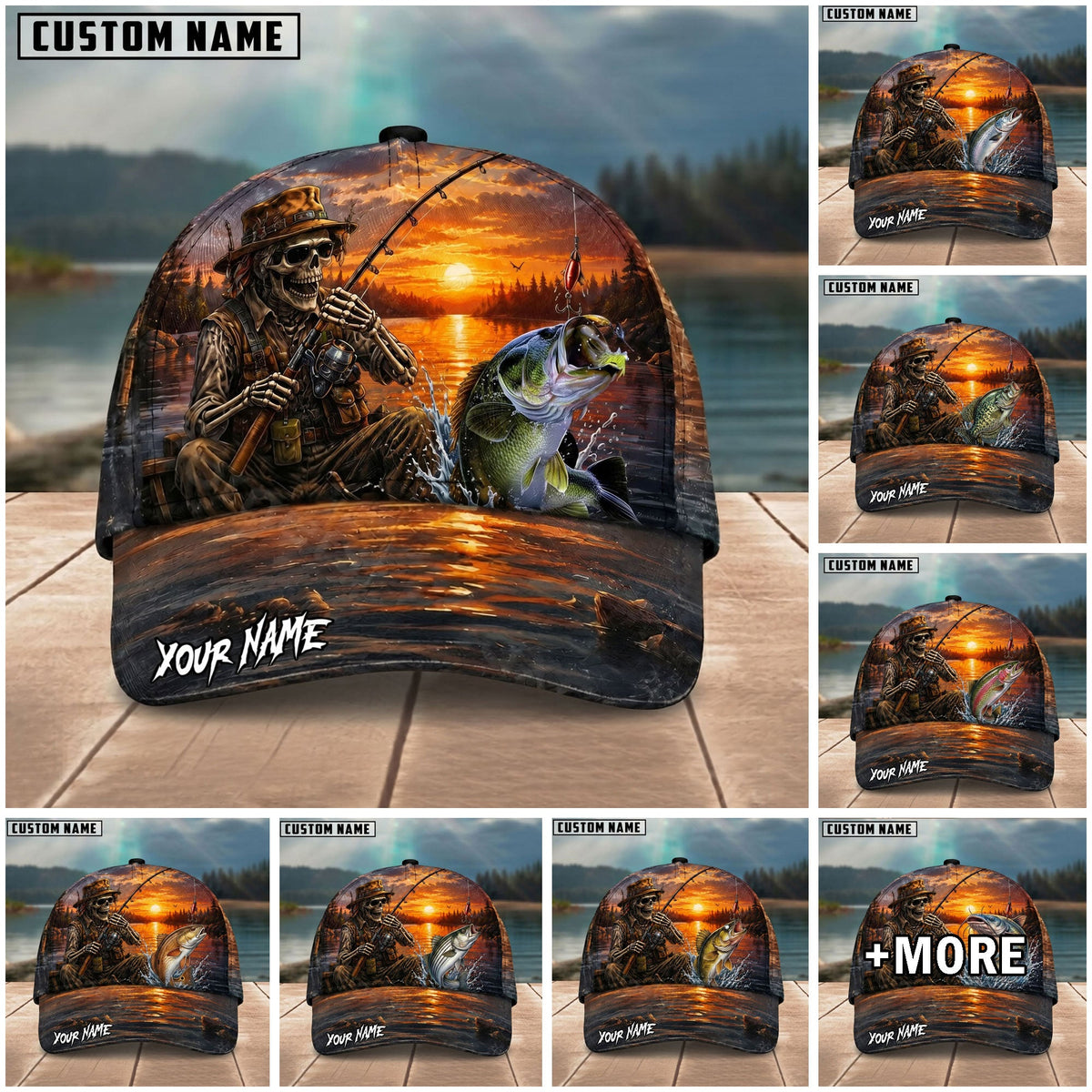 BlueJose Fishing Skull Angler Sunset Lake Personalized Name Classic 3D Cap (13 Breeds)