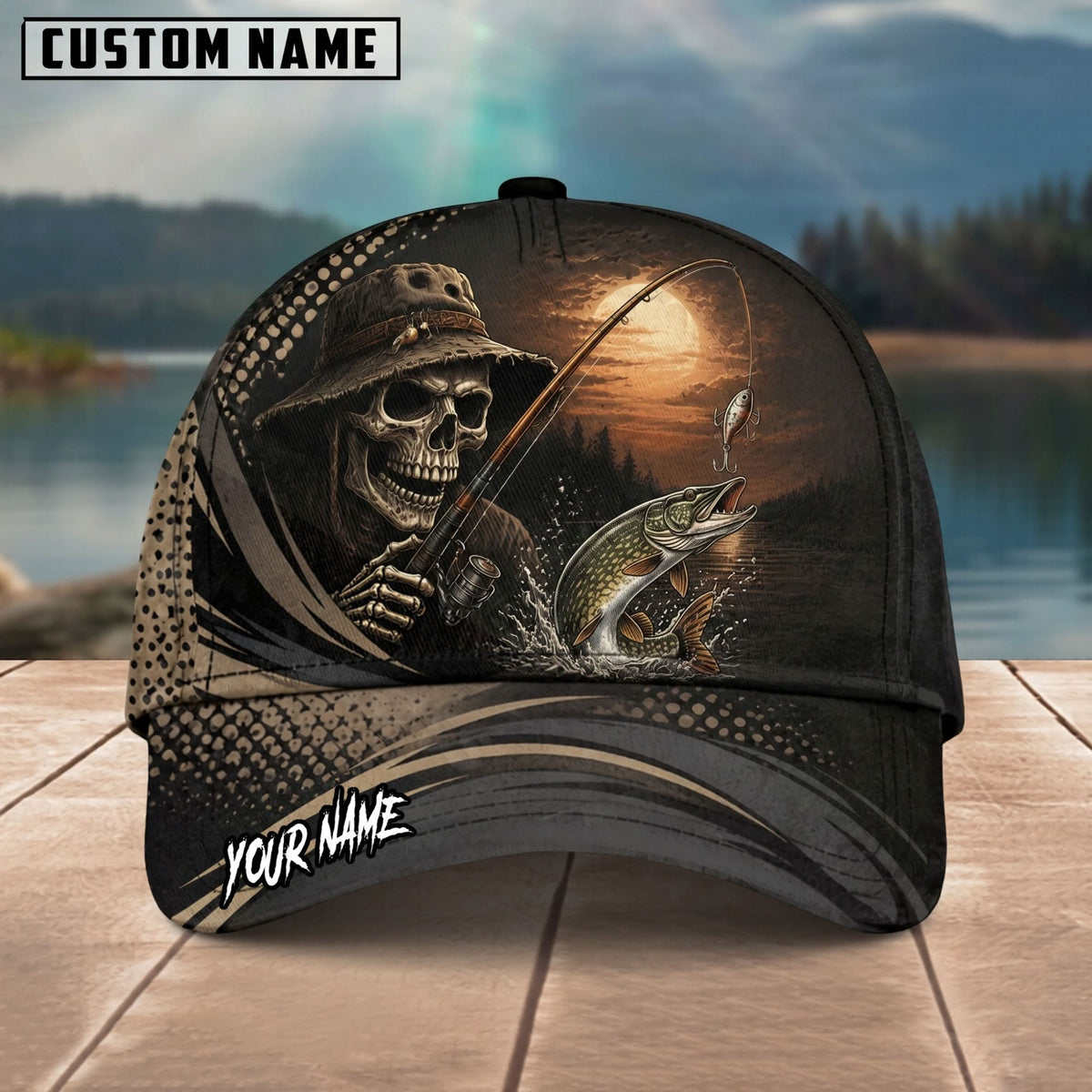 BlueJose Fishing Skull Angler Moonlight Personalized Name Classic 3D Cap (13 Breeds)