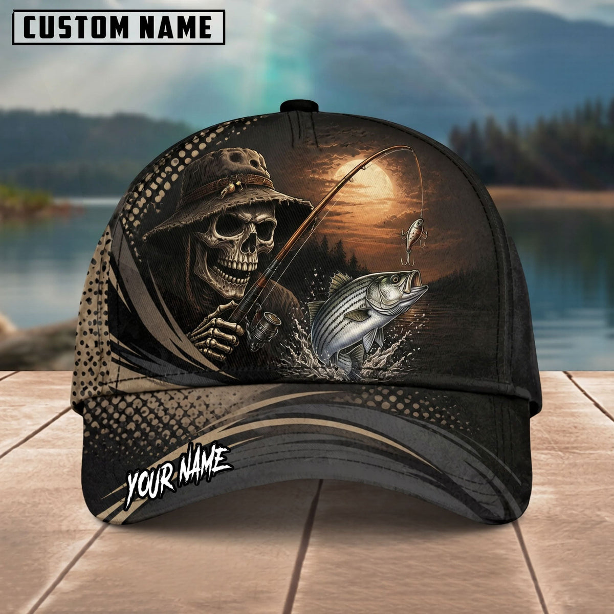 BlueJose Fishing Skull Angler Moonlight Personalized Name Classic 3D Cap (13 Breeds)