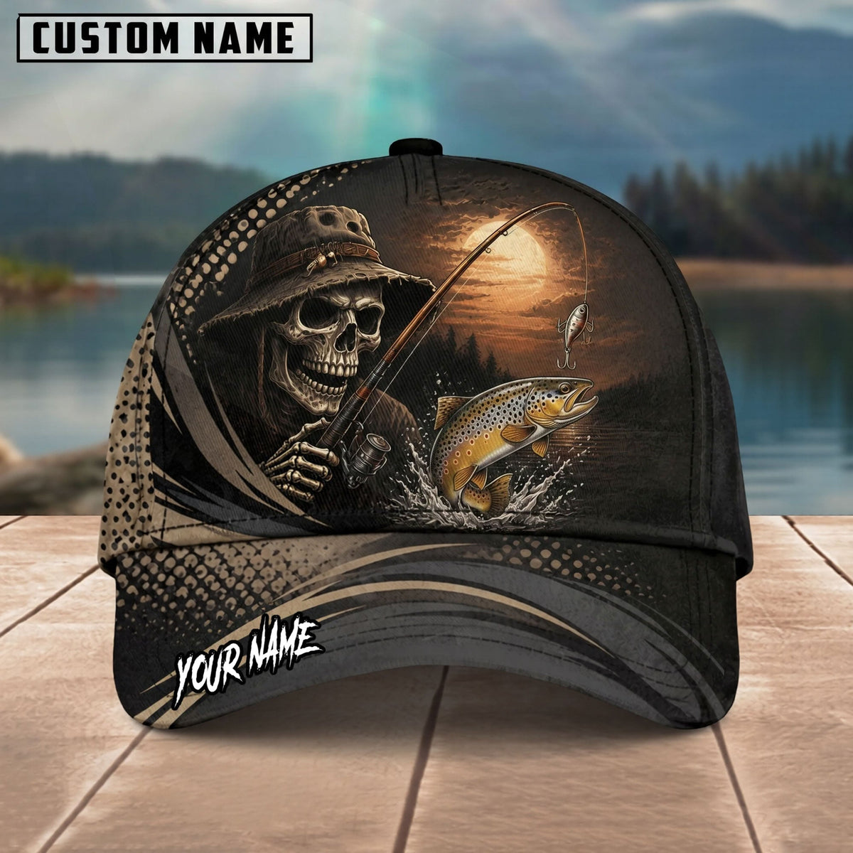 BlueJose Fishing Skull Angler Moonlight Personalized Name Classic 3D Cap (13 Breeds)