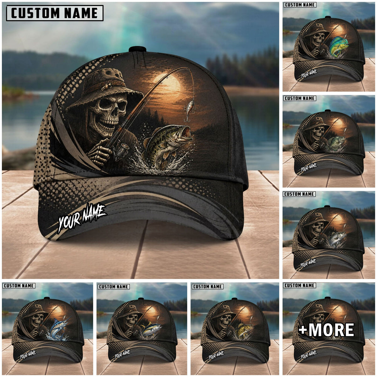 BlueJose Fishing Skull Angler Moonlight Personalized Name Classic 3D Cap (13 Breeds)