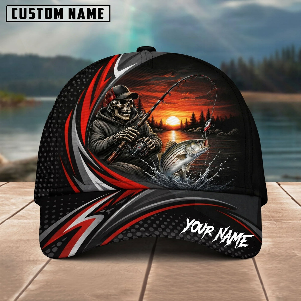 BlueJose Fishing Skull Angler Red Wave Personalized Name Classic 3D Cap (13 Breeds)