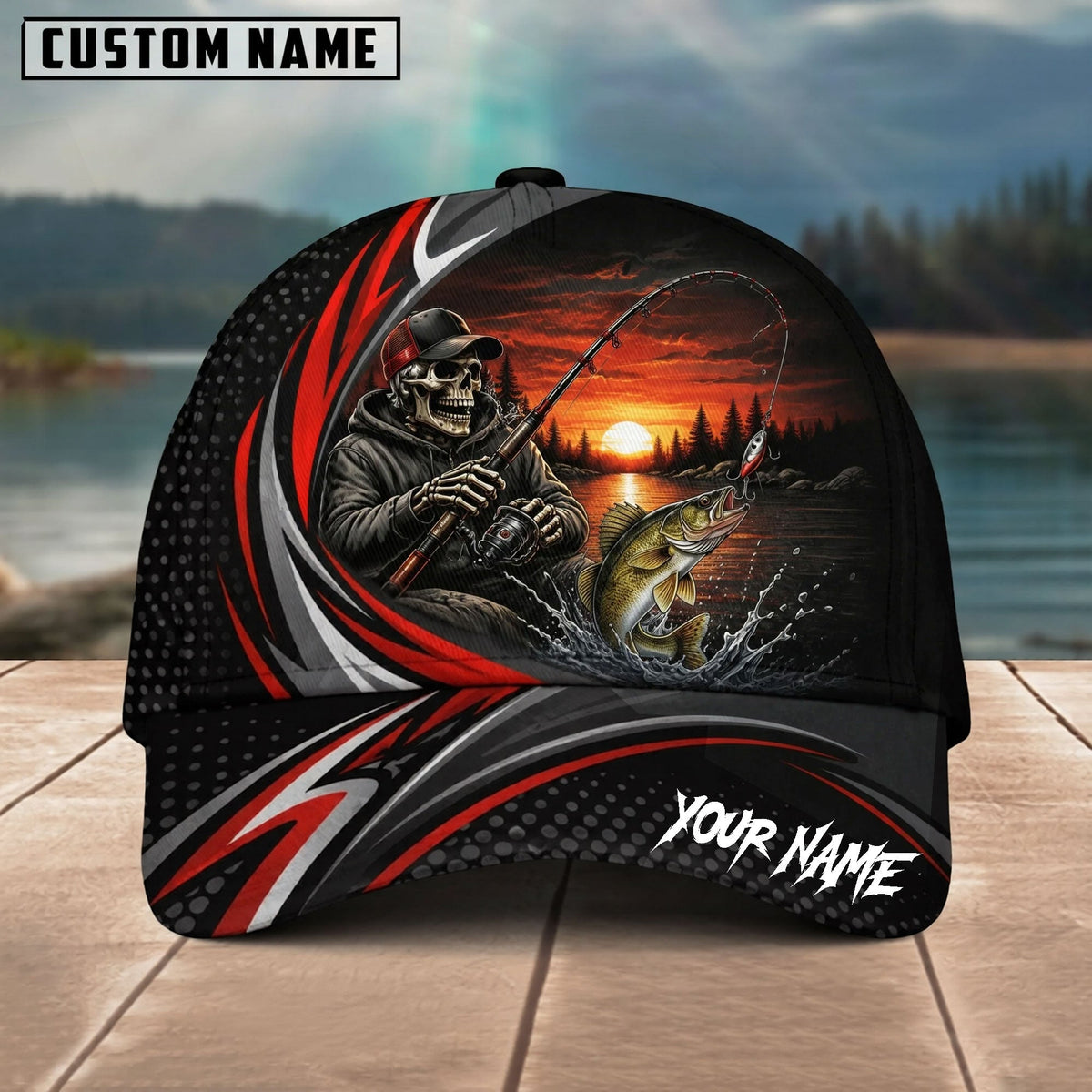 BlueJose Fishing Skull Angler Red Wave Personalized Name Classic 3D Cap (13 Breeds)