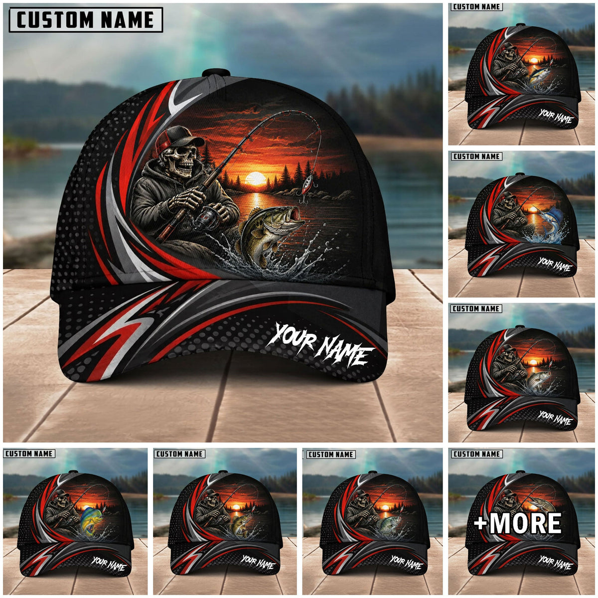 BlueJose Fishing Skull Angler Red Wave Personalized Name Classic 3D Cap (13 Breeds)