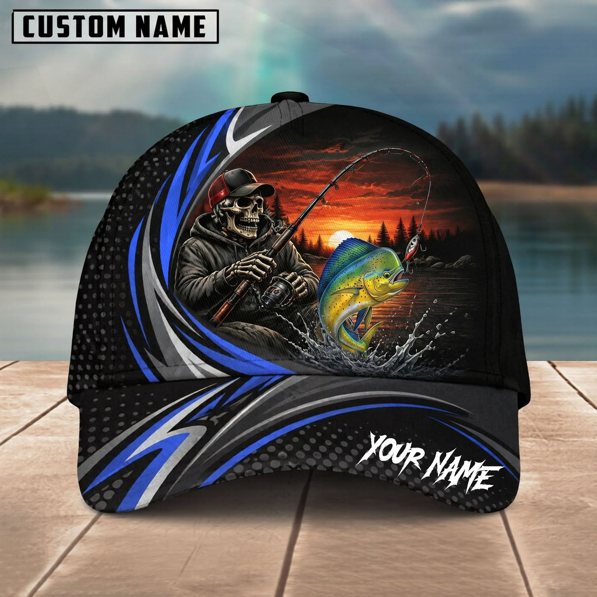 BlueJose Fishing Skull Angler Blue Wave Personalized Name Classic 3D Cap (13 Breeds)