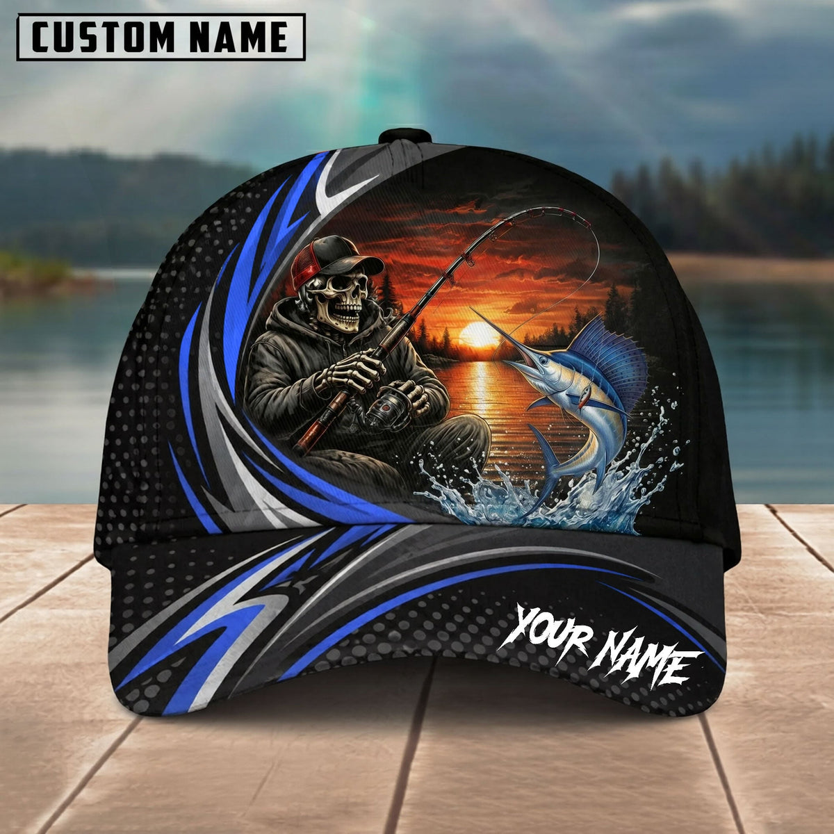 BlueJose Fishing Skull Angler Blue Wave Personalized Name Classic 3D Cap (13 Breeds)