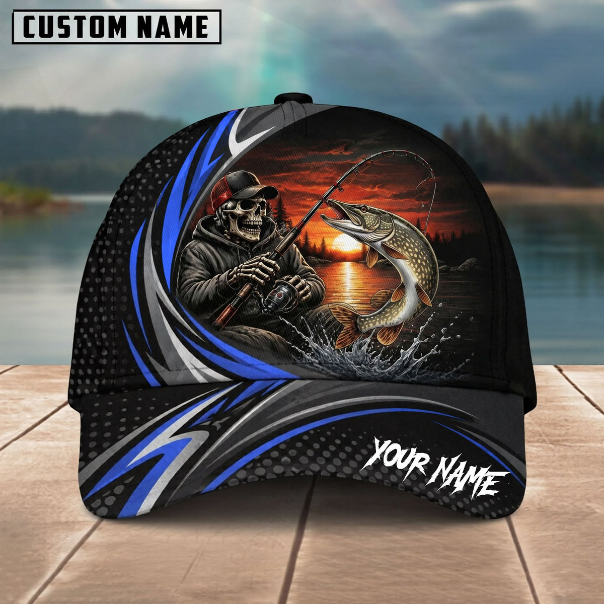 BlueJose Fishing Skull Angler Blue Wave Personalized Name Classic 3D Cap (13 Breeds)