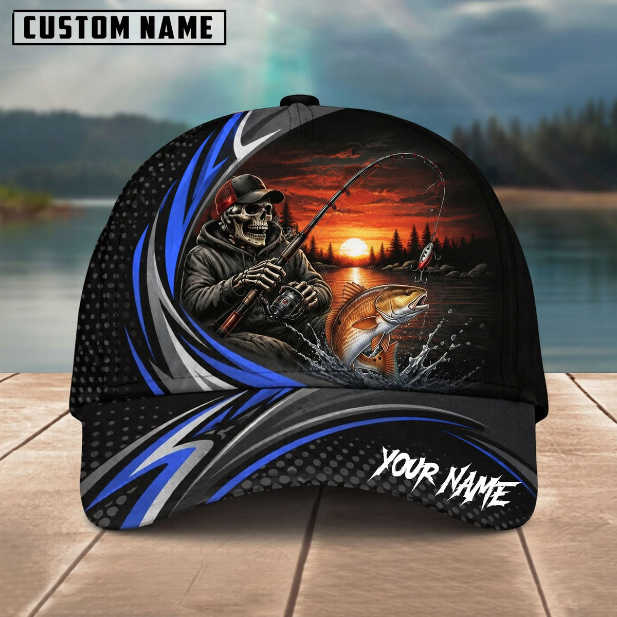 BlueJose Fishing Skull Angler Blue Wave Personalized Name Classic 3D Cap (13 Breeds)