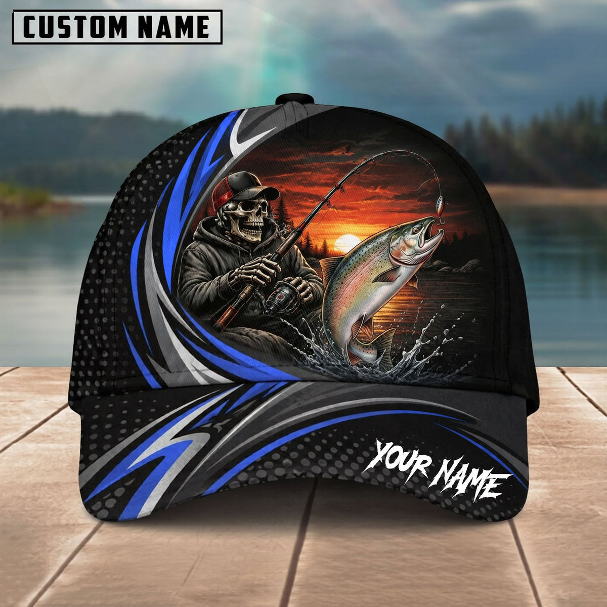BlueJose Fishing Skull Angler Blue Wave Personalized Name Classic 3D Cap (13 Breeds)