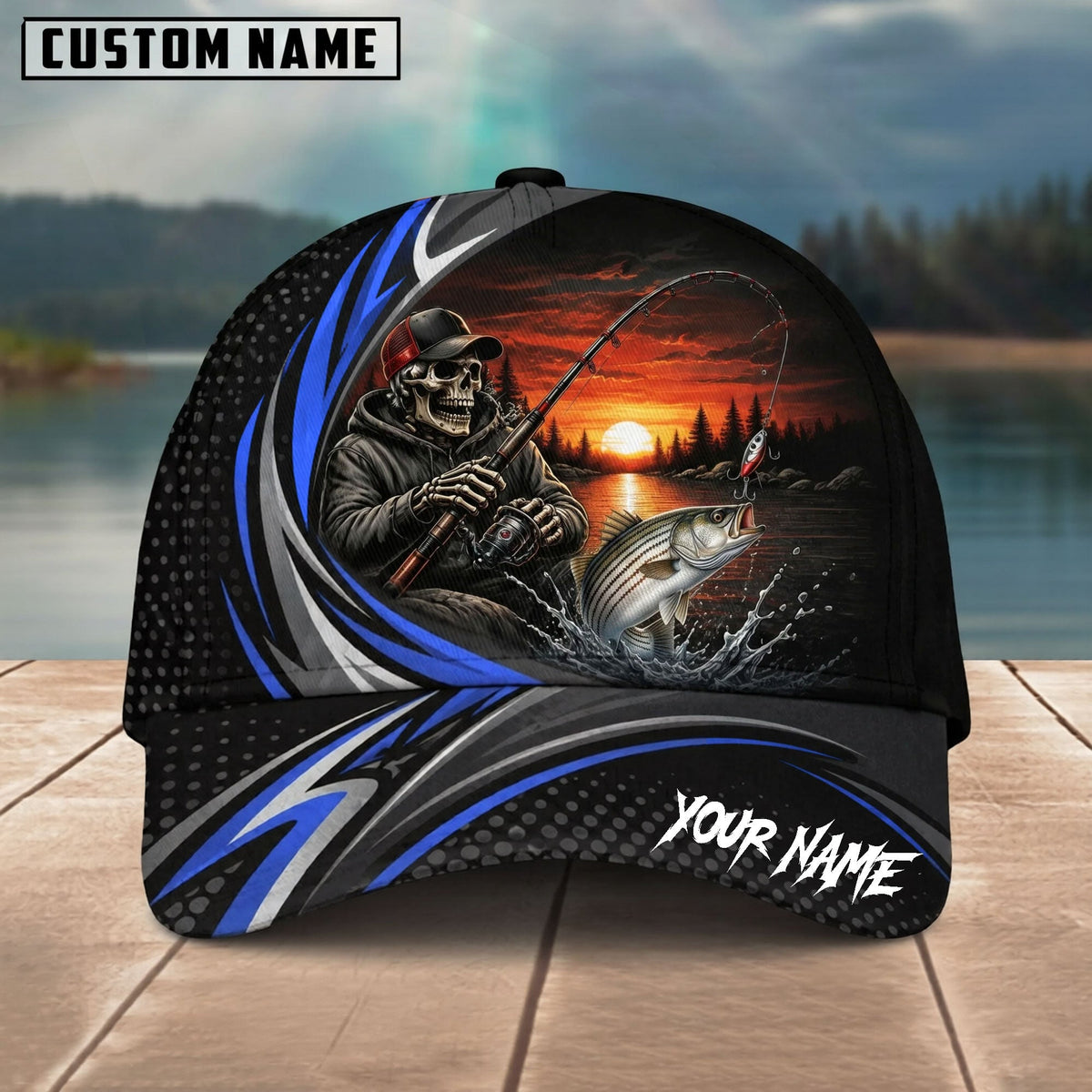 BlueJose Fishing Skull Angler Blue Wave Personalized Name Classic 3D Cap (13 Breeds)