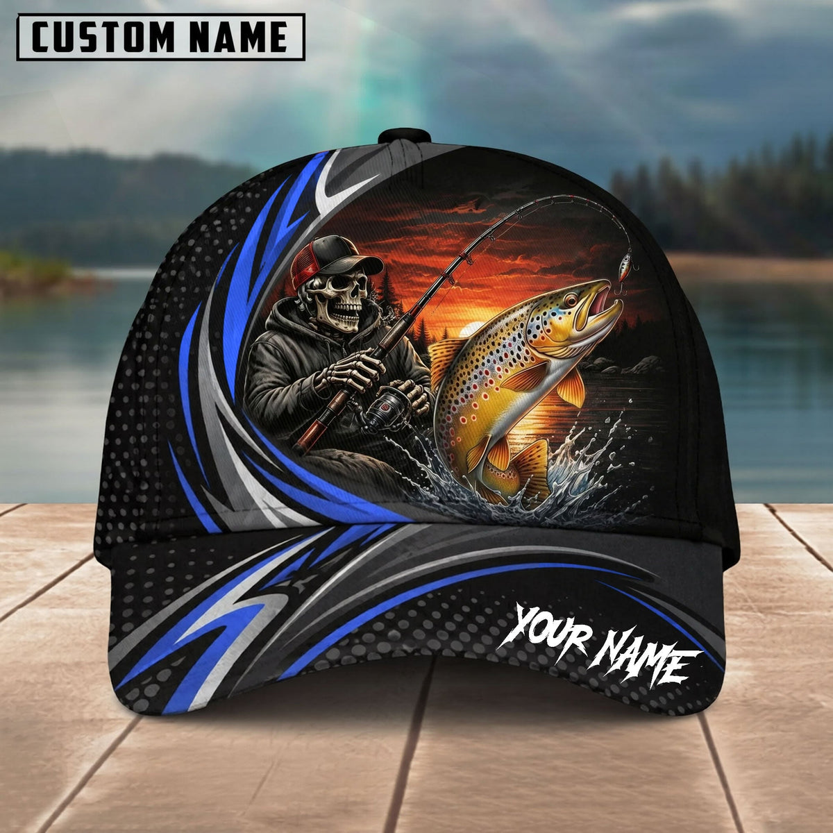 BlueJose Fishing Skull Angler Blue Wave Personalized Name Classic 3D Cap (13 Breeds)