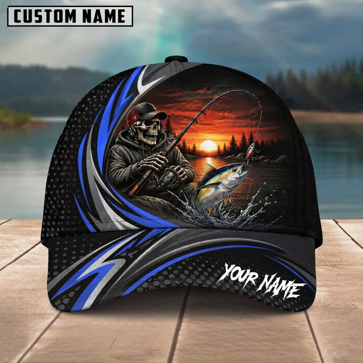 BlueJose Fishing Skull Angler Blue Wave Personalized Name Classic 3D Cap (13 Breeds)