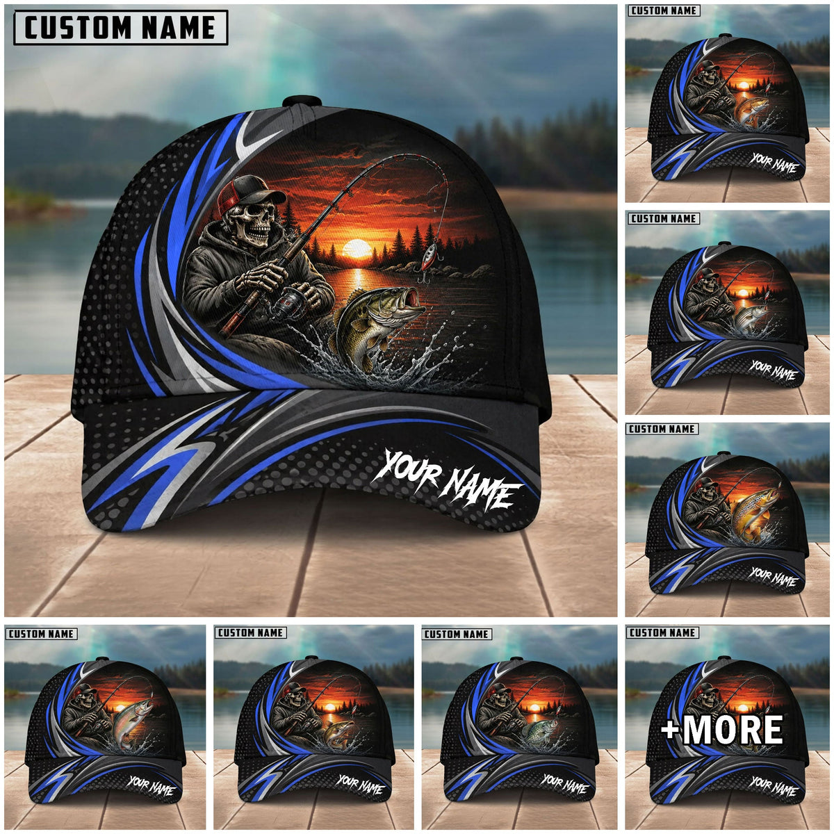 BlueJose Fishing Skull Angler Blue Wave Personalized Name Classic 3D Cap (13 Breeds)