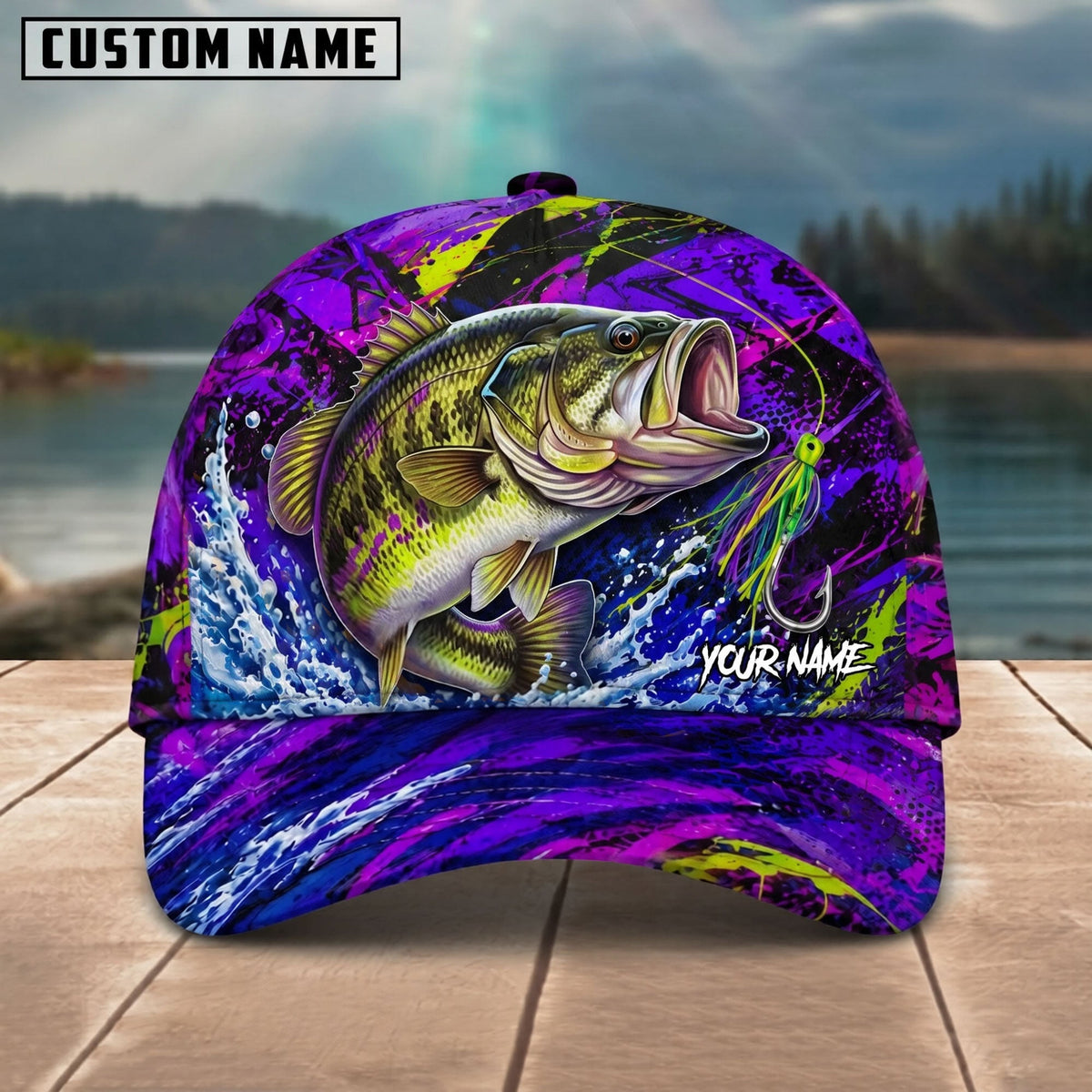 BlueJose Fishing Neon Purple Splash Lure Personalized Name Classic 3D Cap (13 Breeds)