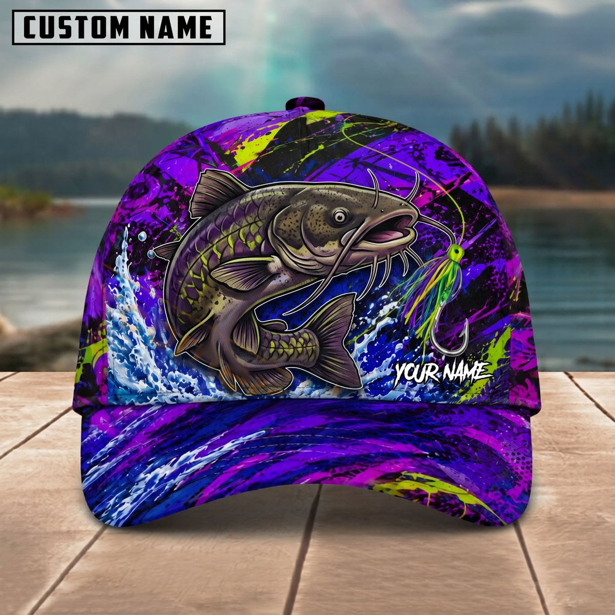 BlueJose Fishing Neon Purple Splash Lure Personalized Name Classic 3D Cap (13 Breeds)
