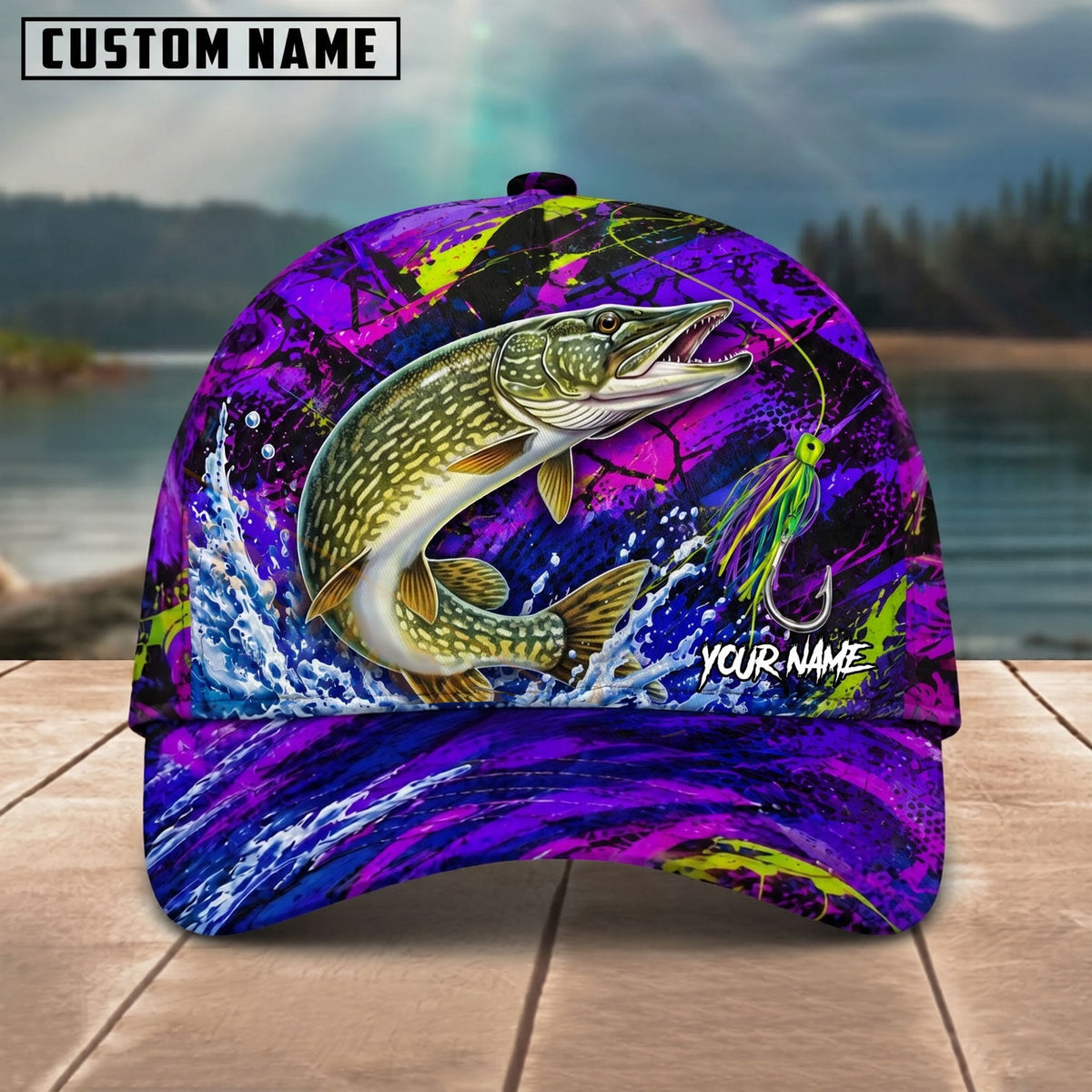 BlueJose Fishing Neon Purple Splash Lure Personalized Name Classic 3D Cap (13 Breeds)
