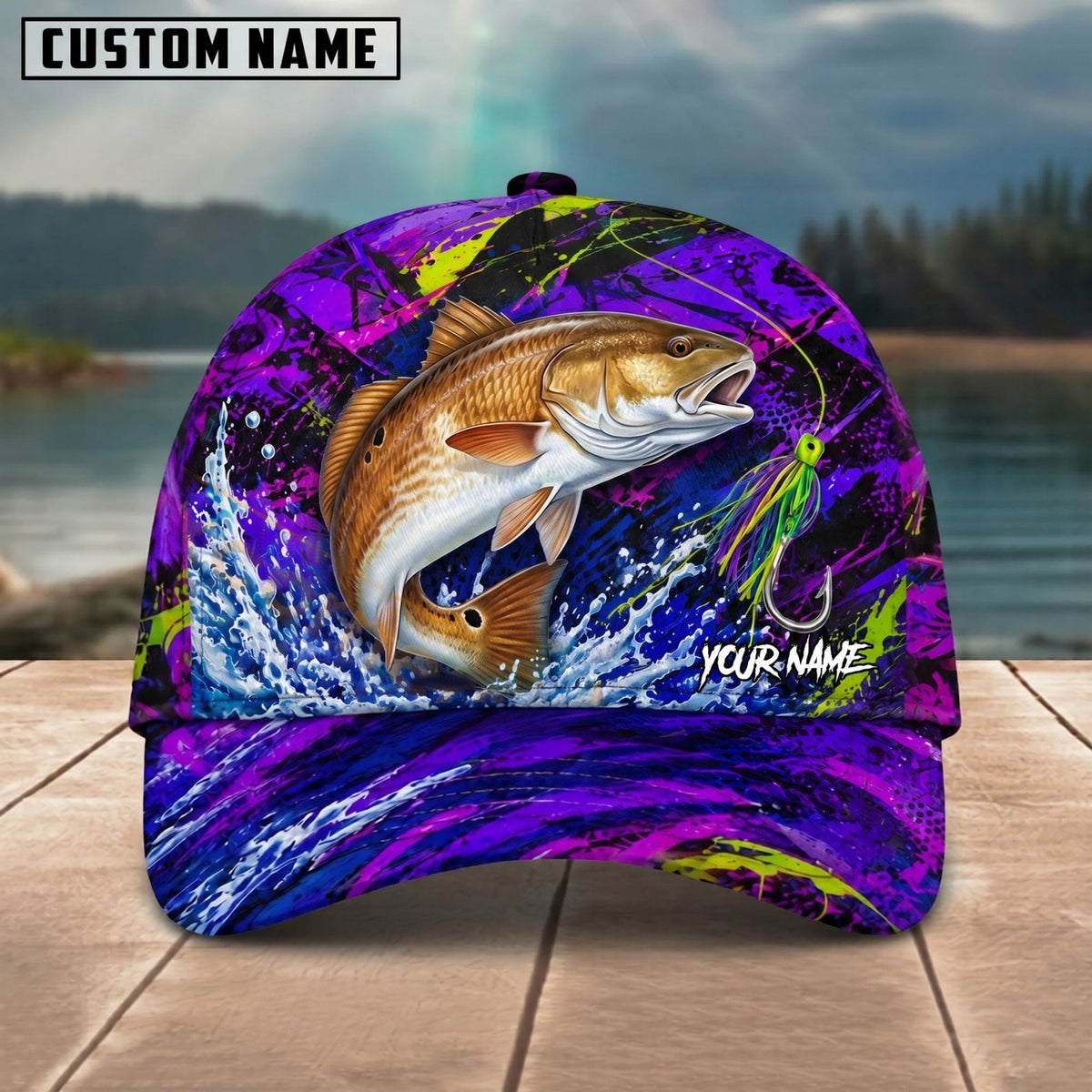 BlueJose Fishing Neon Purple Splash Lure Personalized Name Classic 3D Cap (13 Breeds)