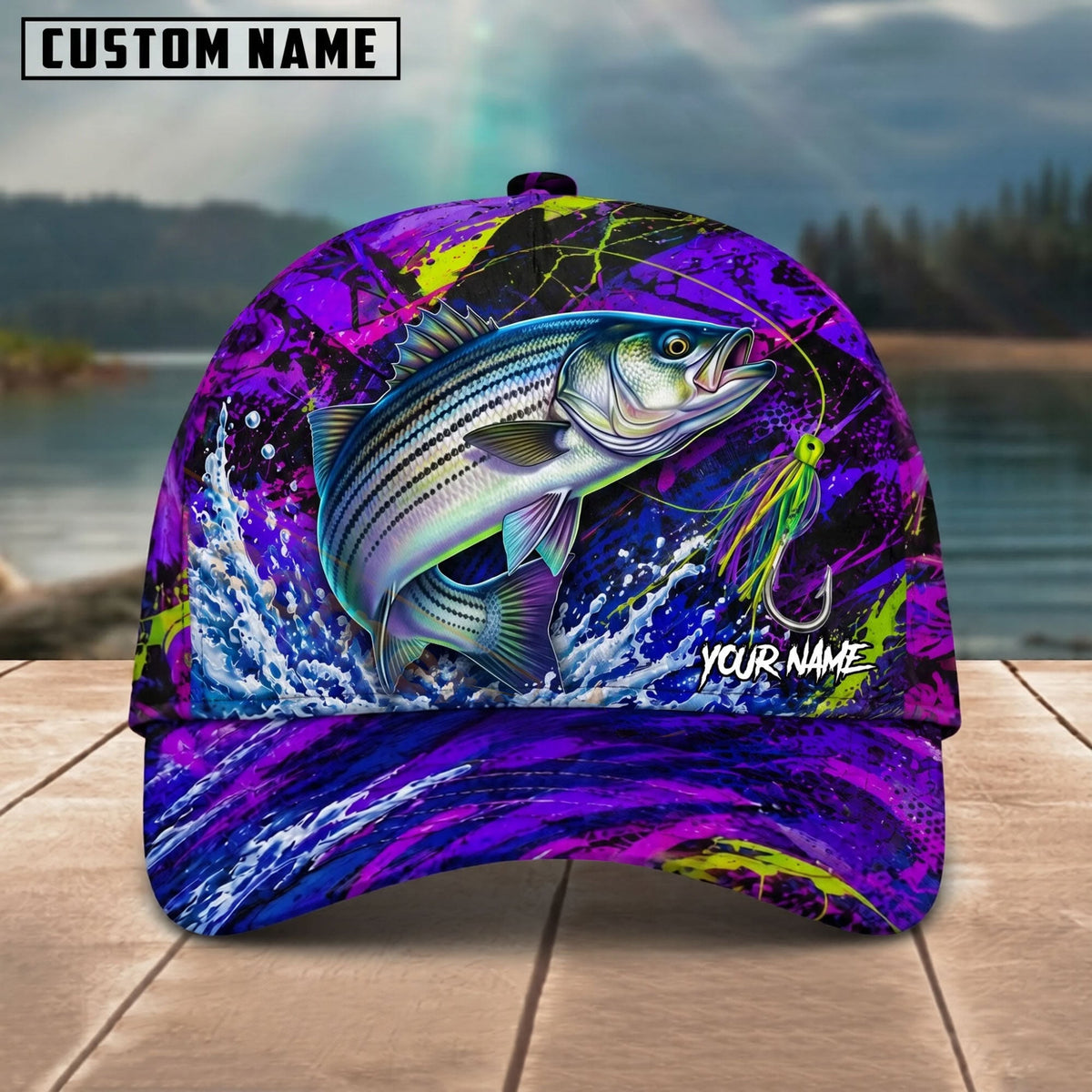 BlueJose Fishing Neon Purple Splash Lure Personalized Name Classic 3D Cap (13 Breeds)