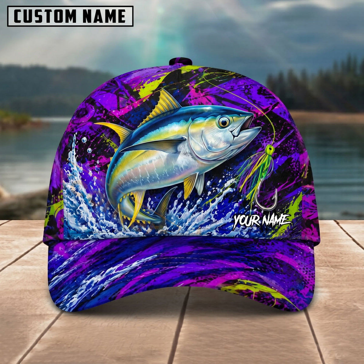 BlueJose Fishing Neon Purple Splash Lure Personalized Name Classic 3D Cap (13 Breeds)