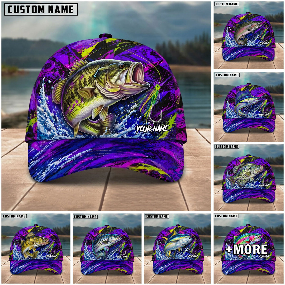 BlueJose Fishing Neon Purple Splash Lure Personalized Name Classic 3D Cap (13 Breeds)