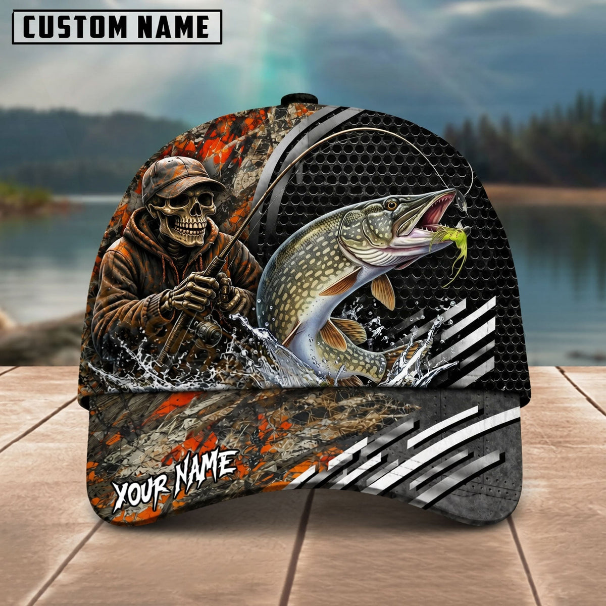 BlueJose Fishing Skull Angler Orange Camo Personalized Name Classic 3D Cap (13 Breeds)