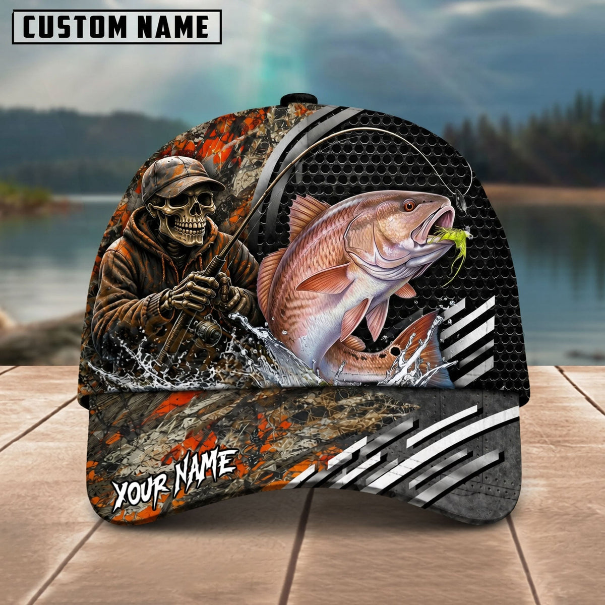 BlueJose Fishing Skull Angler Orange Camo Personalized Name Classic 3D Cap (13 Breeds)
