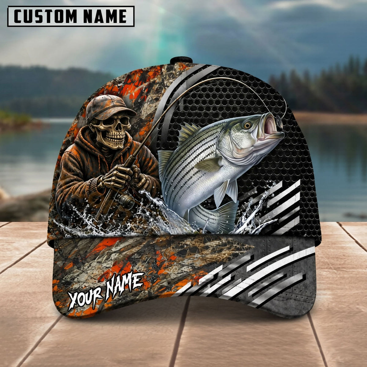 BlueJose Fishing Skull Angler Orange Camo Personalized Name Classic 3D Cap (13 Breeds)