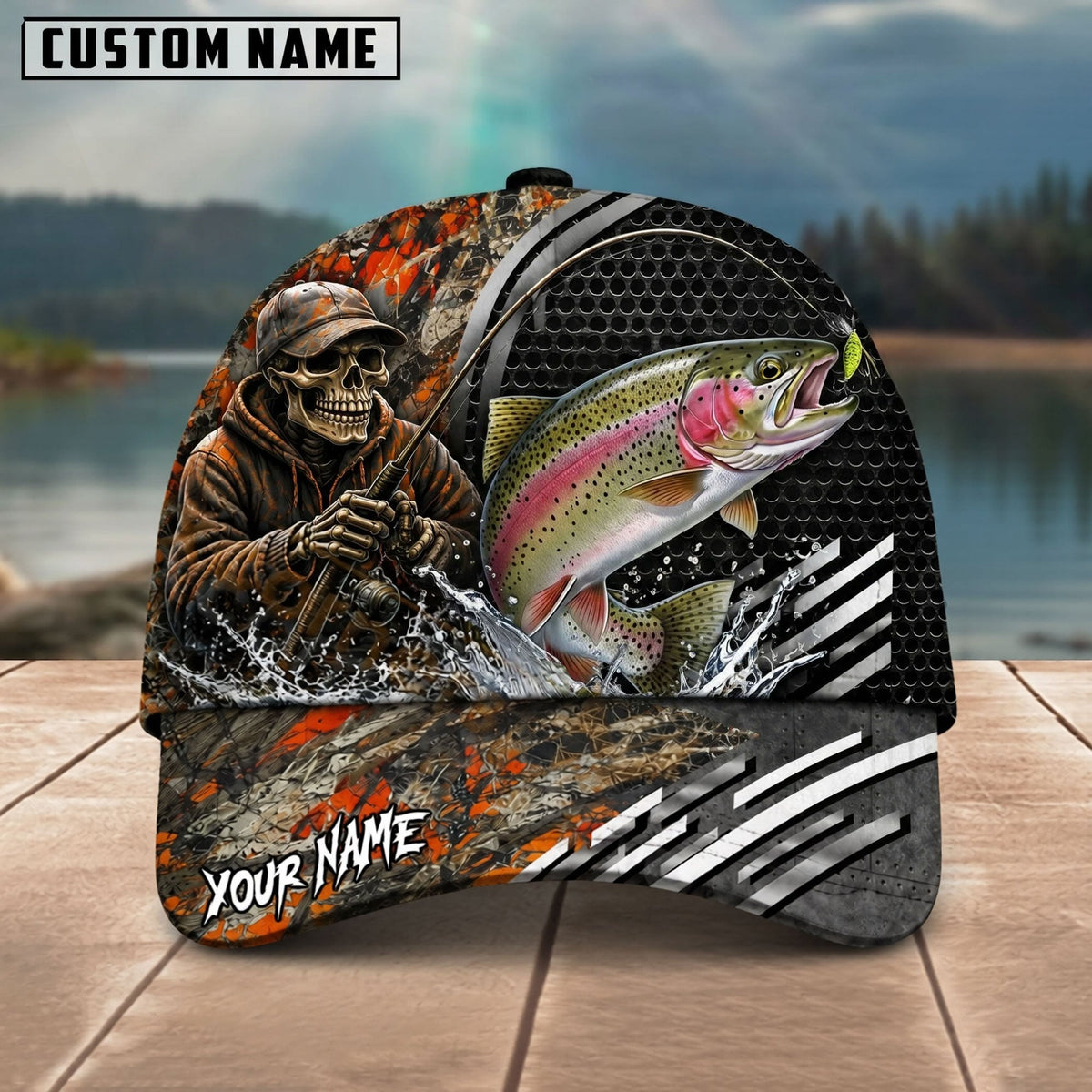 BlueJose Fishing Skull Angler Orange Camo Personalized Name Classic 3D Cap (13 Breeds)