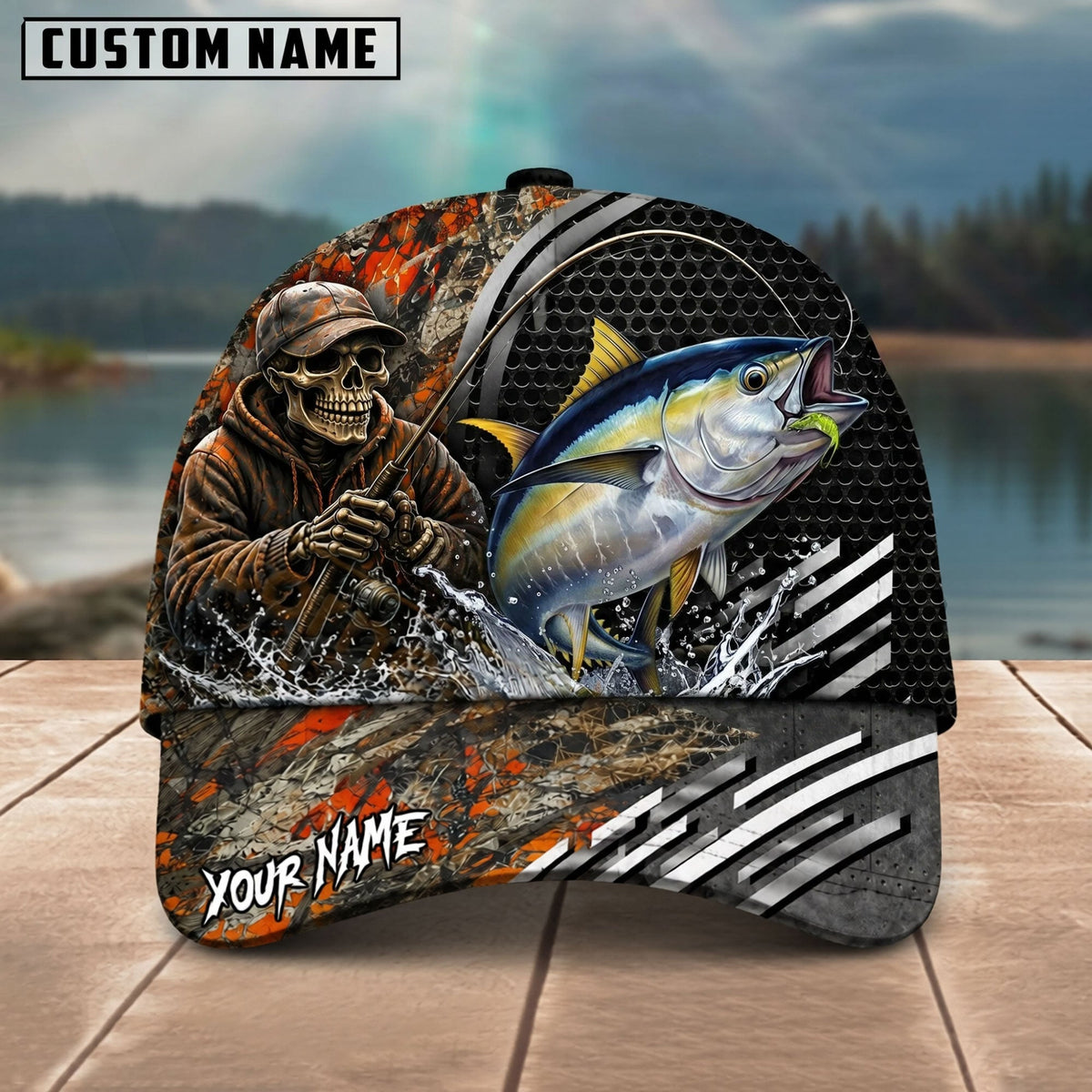 BlueJose Fishing Skull Angler Orange Camo Personalized Name Classic 3D Cap (13 Breeds)