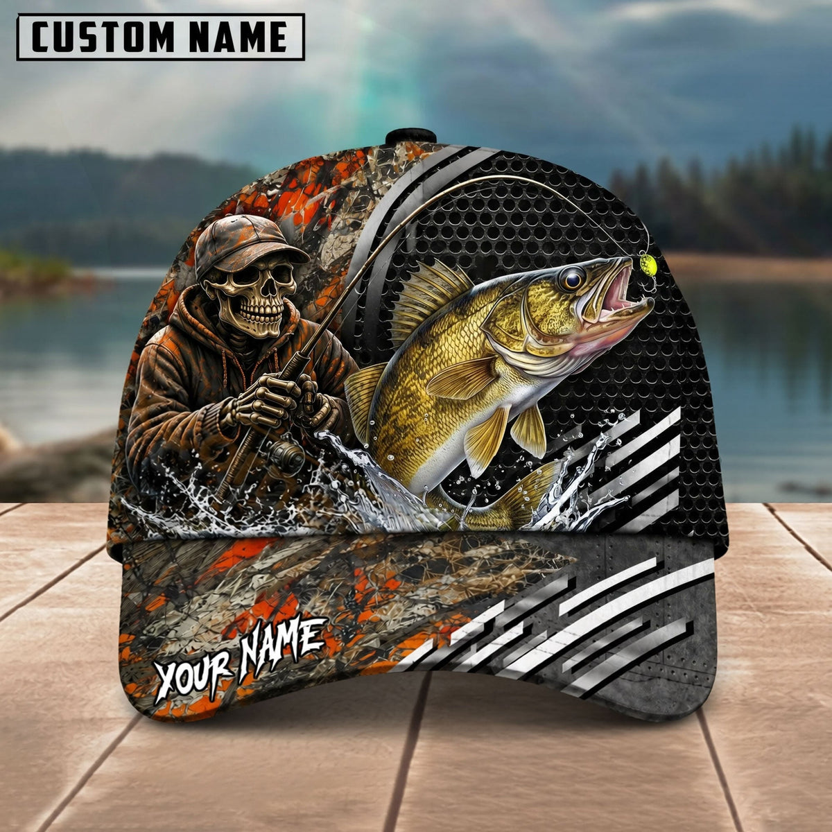 BlueJose Fishing Skull Angler Orange Camo Personalized Name Classic 3D Cap (13 Breeds)