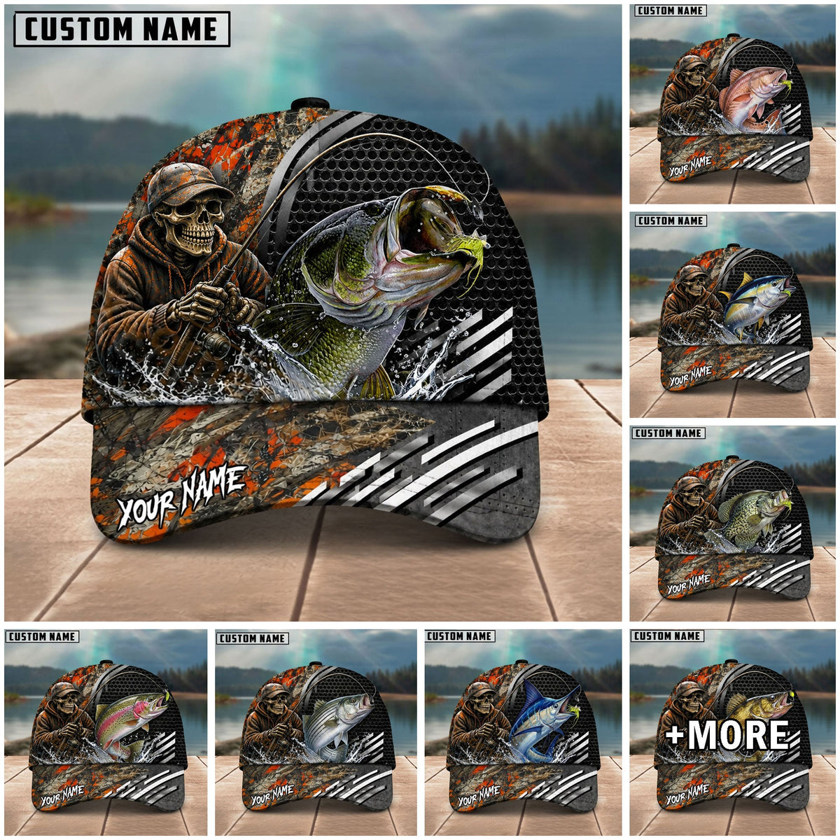 BlueJose Fishing Skull Angler Orange Camo Personalized Name Classic 3D Cap (13 Breeds)