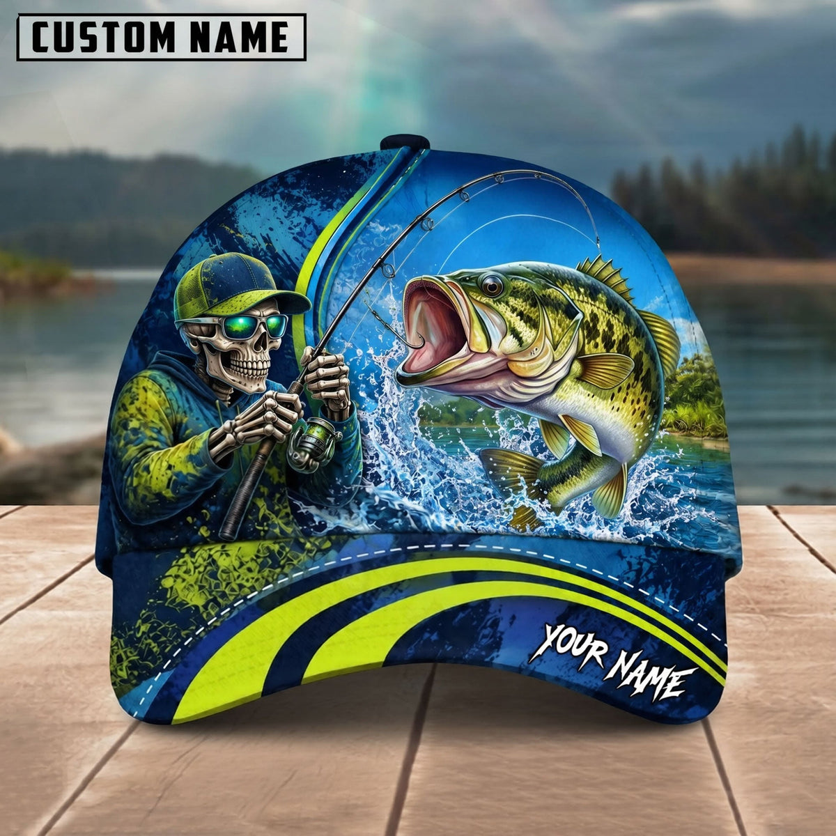 BlueJose Fishing Skull Angler Blue Neon Green Splash Personalized Name Classic 3D Cap (13 Breeds)