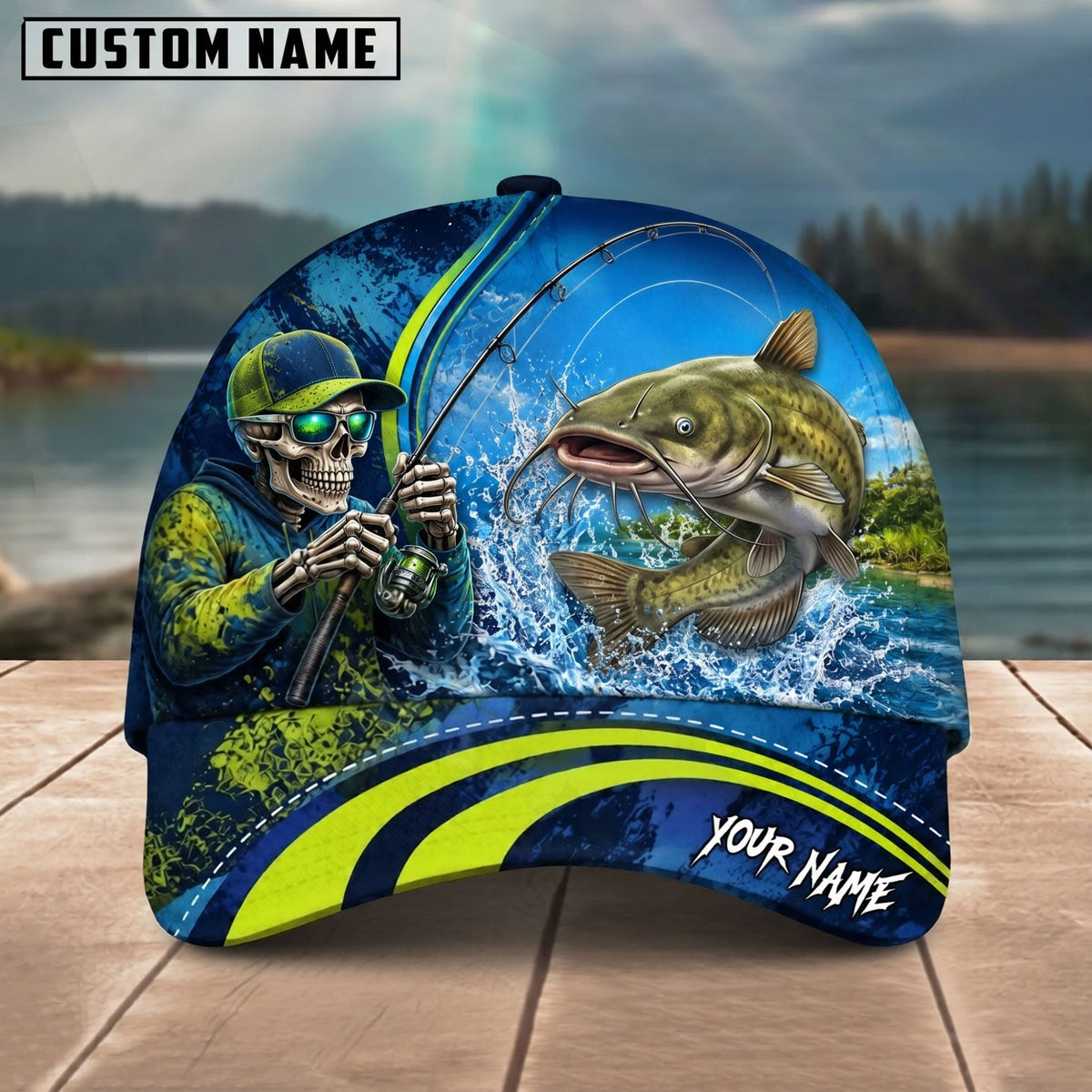 BlueJose Fishing Skull Angler Blue Neon Green Splash Personalized Name Classic 3D Cap (13 Breeds)
