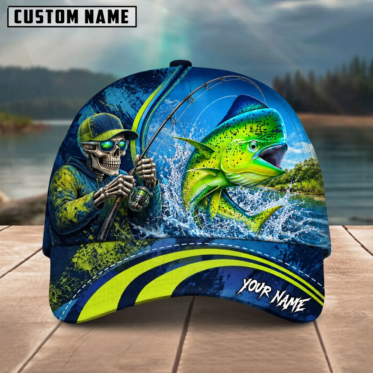 BlueJose Fishing Skull Angler Blue Neon Green Splash Personalized Name Classic 3D Cap (13 Breeds)